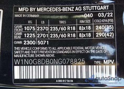 2022 Mercedes-Benz Glc 300 Suv из США, поврежденный, VIN W1N0G8DB0NG078825